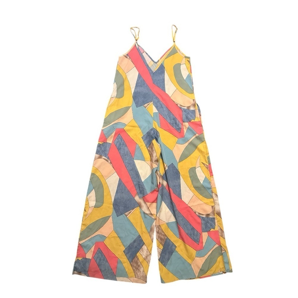 Vibrant Colorful Abstract Print Wide Leg Palazzo Boho Jumpsuit Resort Sz S